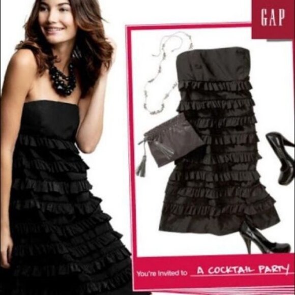 GAP Womens 4 Strapless Ruffle Black Silk Blend Cocktail Dress - Picture 2 of 10